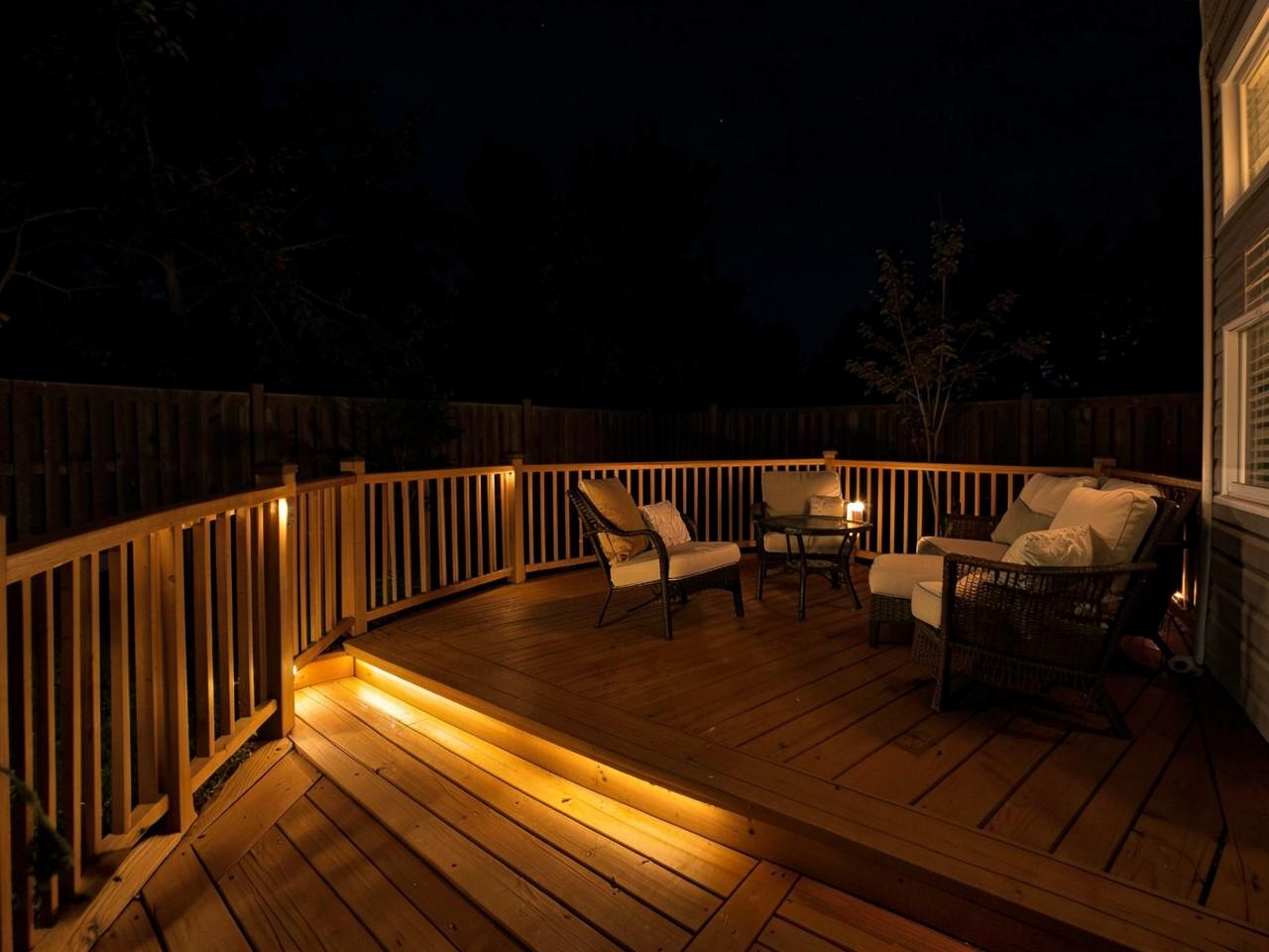 Deck with LED step and railing lighting